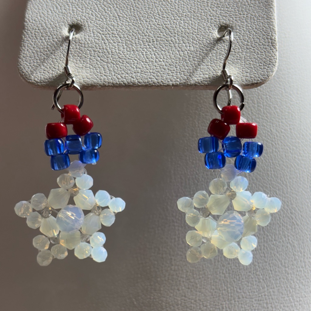 Hand Crafted Summer Holiday Earrings Red White And Blue Beads 2 Inches